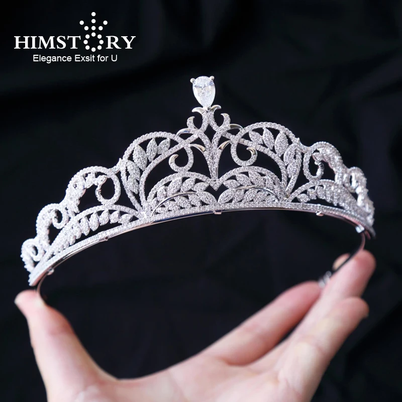 

Himstory Elegant Stunning Wedding Cubic Zircon Tiara Bridal Leaf Crown Queen Princess Pageant Party Headpiece Hair Accessories