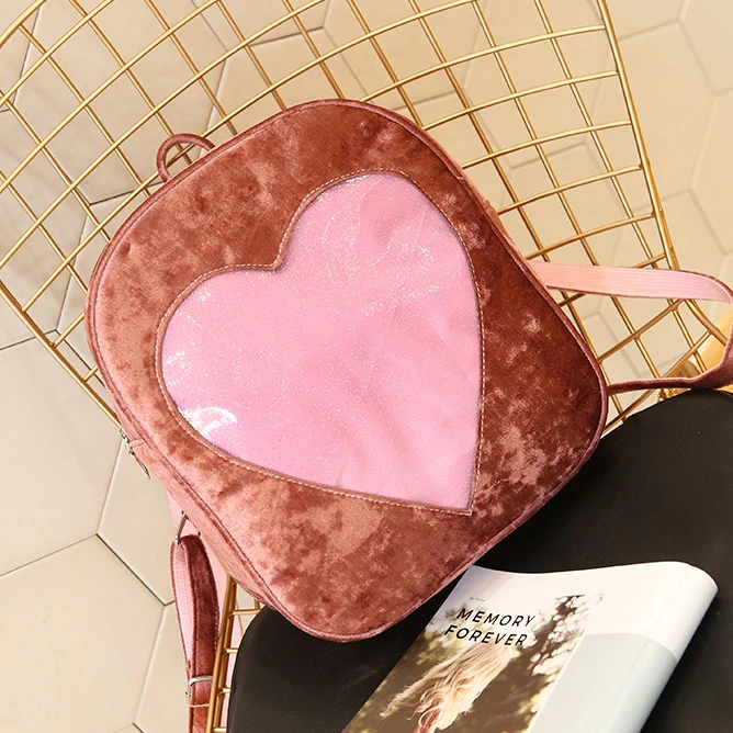 2018 Velvet Women Travel Backpack Ita Bag DIY Transparent Love Heart Shape Backpack Kawaii ...