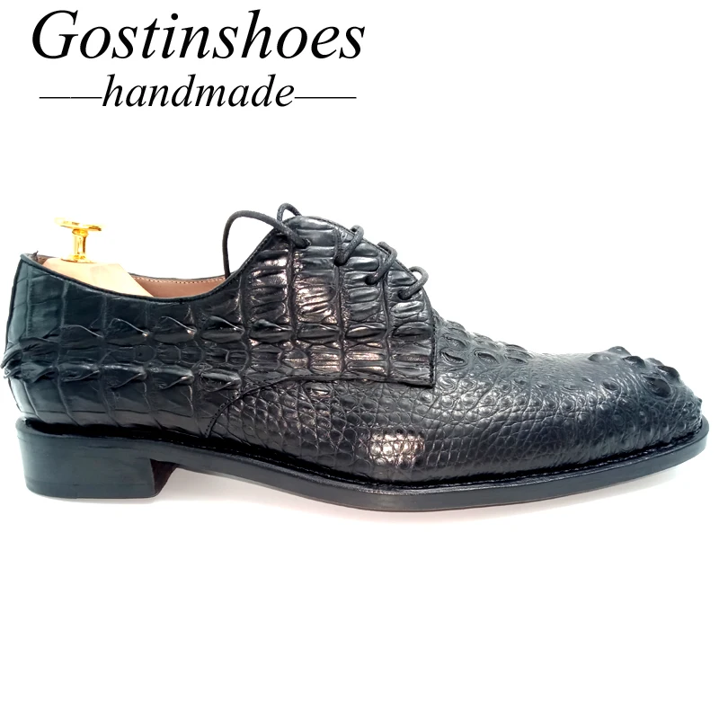 Goodyear Shoes Handmade Men Dress Shoes Black Genuine Crocodile Skin Luxury Formal Shoes Oxfords Lace-Up Pointed Toe GSTN008