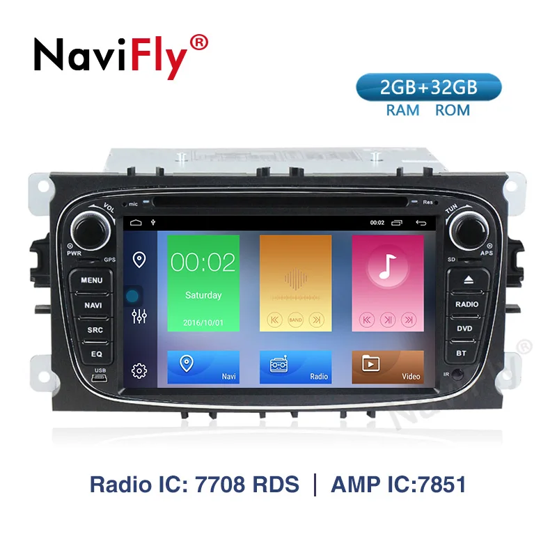 Cheap NaviFly 2 Din Android 9.1 AutoRadio GPS navigation for FORD/Focus/S-MAX/Mondeo/C-MAX/Galaxy 2G+32G 7808IC WIFI FM RDS USB MAP 1