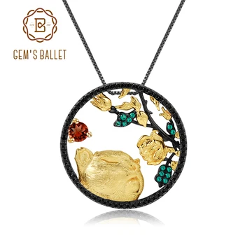 

GEM'S BALLET Natural Red Garnet Gemstone Zodiac Jewelry Tiger Sniffs The Rose 925 Sterling Silver Pendant Necklace For Women
