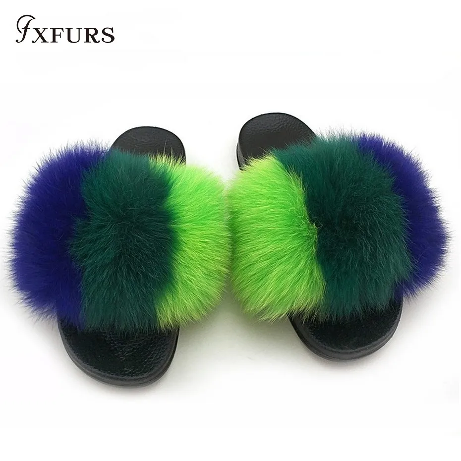 

FXFURS 2019 Fashion Female Spring Fox Fur Slides Summer Sandals Women Real Fox Fur Slippers Muticolor Patchwork Fur Slippers