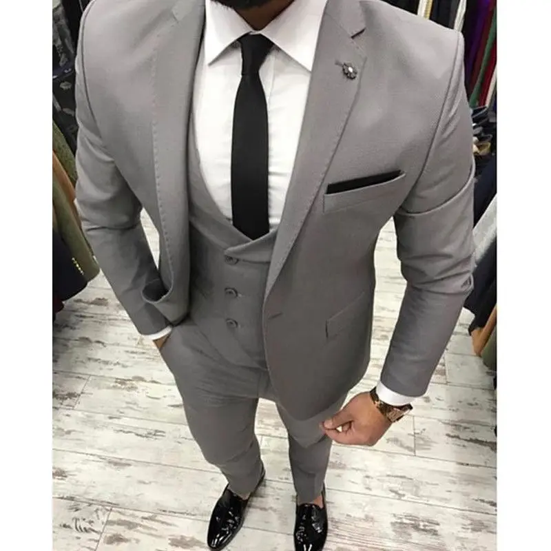 Men's Light Gray 3 Piece Formal Wedding Suits Groom Tuxedos Suit Party Prom Suit 