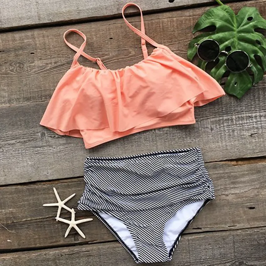 High Waisted Bikini Set Ruffle Junior Swimwear Push Up Modest Swimsuit Women Sexy Striped High Waist Swim Wear Bathing Suit 2017