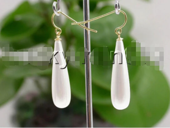 

> AAA Dangle 8*30mm drip white sea shell pearls earring 14KGP gold Loop e1662