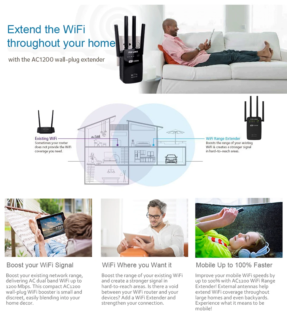 1200 Мбит/с маршрутизатор AC1200 двухдиапазонный беспроводной WiFi AP Wi-Fi ретранслятор маршрутизатор удлинитель 2,4/5 ГГц английская прошивка настенная вилка