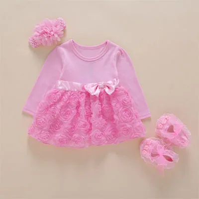 pink dress 3pcs Новое платье и одежда для новорожденных девочек Летняя Детская праздничная одежда для дня рождения комплект из туфель на крестины для детей 1-2 лет, Jurk Zomer - Цвет: pink dress 3pcs