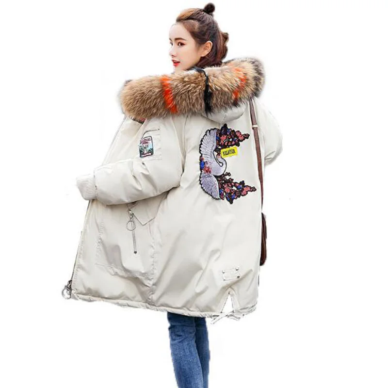 

2019 Winter Parkas Fashion Women Coats Medium Long Slim Cotton Coats Outerwear Big Fur Collar Embroidered Cotton Jackets J027