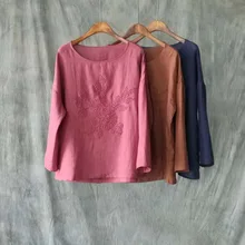 Для женщин однотонные Цвет Осенняя одежда года Лен открытое безрукавки с вышивкой футболки, Дамские топы Повседневная футболка женская футболка