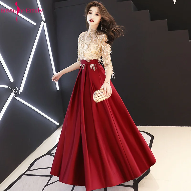 

Beauty Emily Long Lace Sequins Evening Dresses Tassel Elegant Hollow Party Gowns Pleated Half Sleeve Ball Gowns robe de soiree