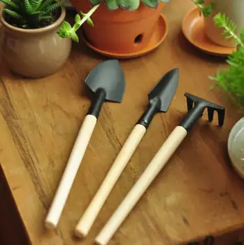 

3Pcs in Gardener Bonsai Tool Small Shovel Rake Spade Raising flowers Mini Garden Tools Wood Handle Metal Head Kids Children Toy