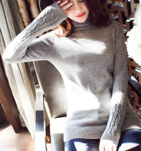 Женский свитер с высоким воротом, зима, толстый теплый женский пуловер и свитер, вязаный эластичный Модный женский джемпер, топы - Цвет: Серый
