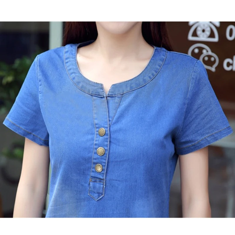Summer Denim Dress Women 2019 New Fashion Round neck Short sleeve Jeans Dresses Plus size Female Loose A-Line Denim Dresses N292