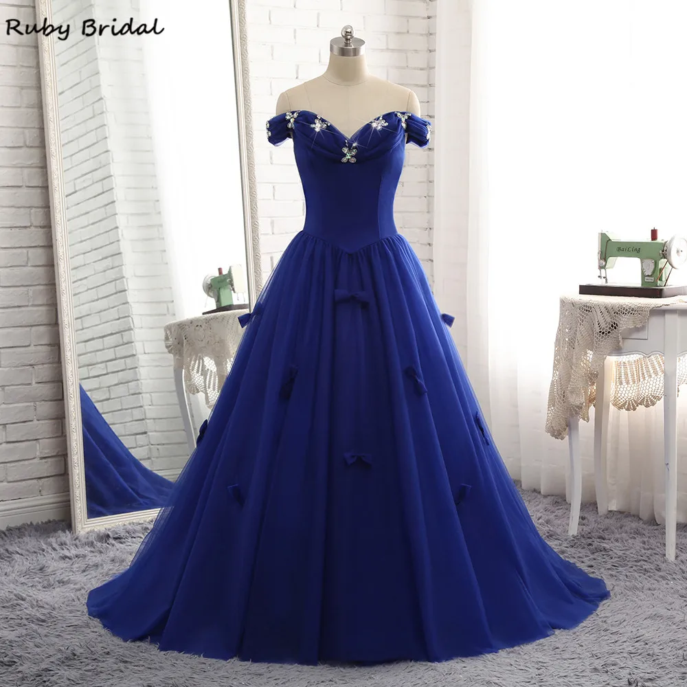 Ruby Bridal Royal Blue Prom Dress Luxury Tulle Beaded Bow Off Shoulder