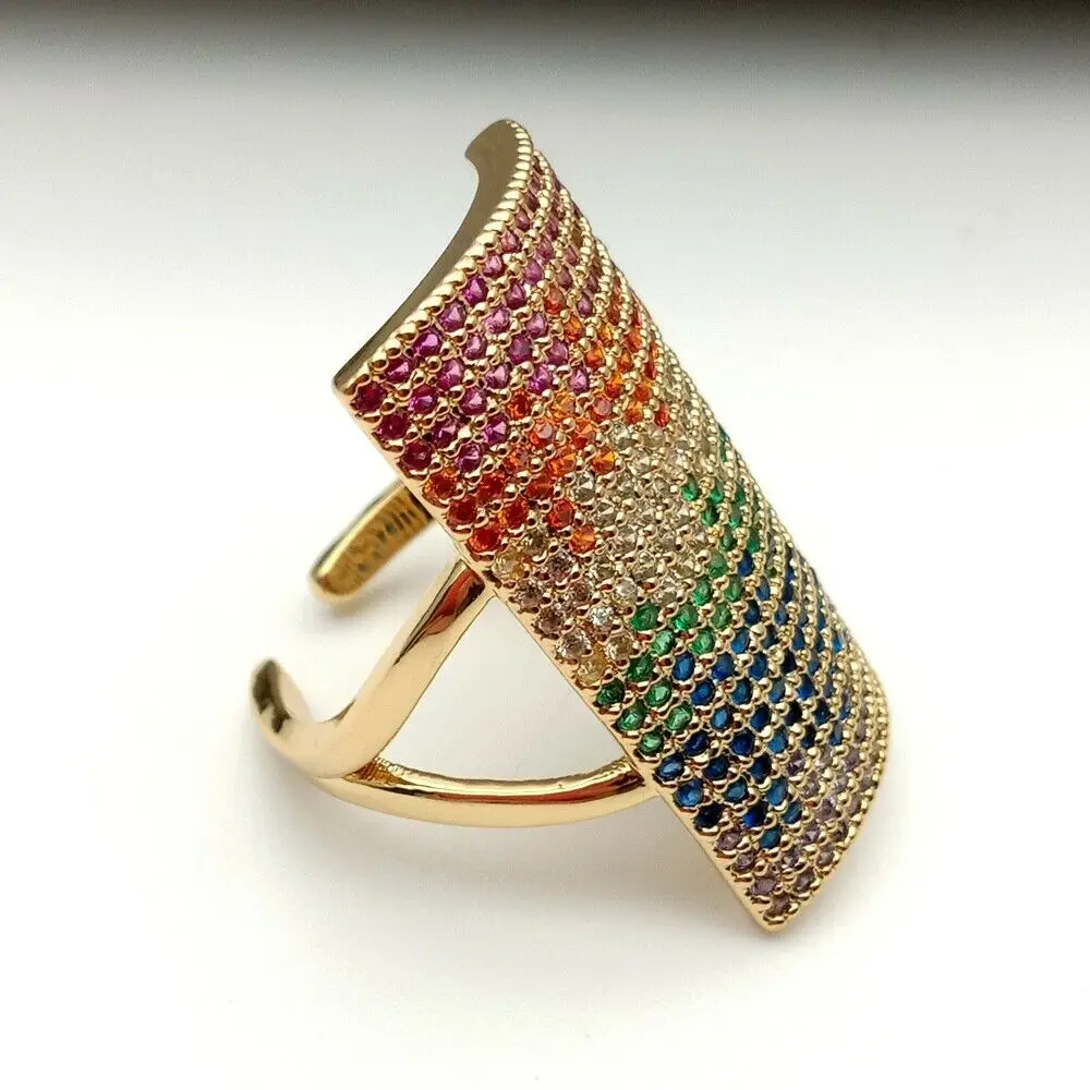 

Big Statement Rectangle Golden Color rainbow CZ lady Ring open adjust rings