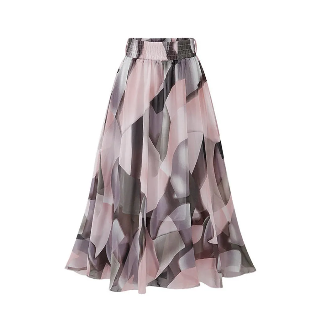 Недавно женская шифоновая летняя юбка плотная лодыжки длина женские мягкие стрейч расклешенная с принтом платье миди с широким и коротким подолом плюс sizzeskirt 50 - Цвет: B
