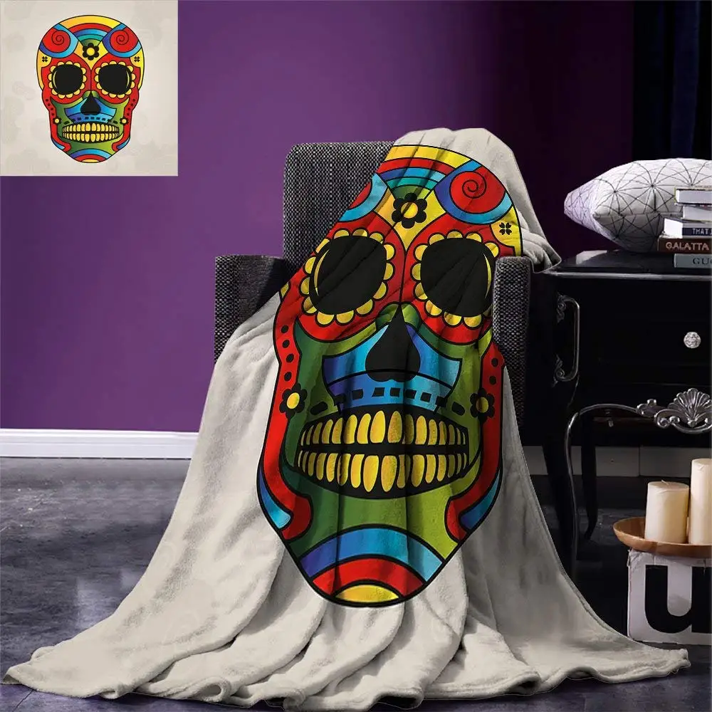 

Sugar Skull Decor Throw Blanket Vibrant Colored Figure Macabre Mexico Latin Tradition Mythical Religious Warm Microfiber