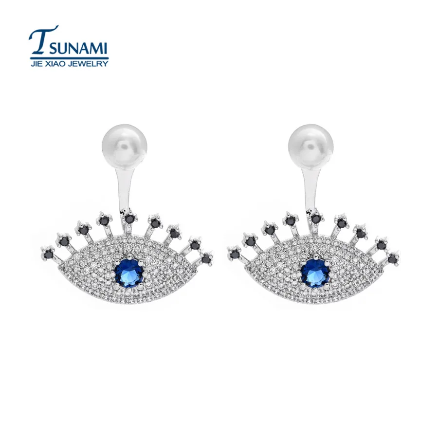 Серьги из фианита высокого качества с тройными глазами, черные ресницы и голубые глаза-цирконы, которые любят ER-063