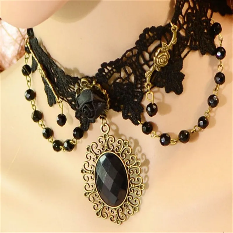 

Vintage Lace Flower Collar Victorian Choker Necklace Womens Gothic Big Gems Beads Pendant Fashion Charming Jewelry