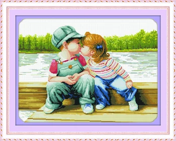 

Close kids kiss cartoon cotton cross stitch kits 100% accurate 11ct printed embroidery DIY handmade needlework wall decor