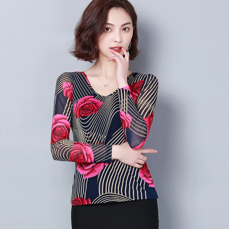 Цветочный принт, эластичная Кружевная блуза с длинным рукавом для женщин, новинка, тонкая рубашка с v-образным вырезом, женские блузы размера плюс, Женские топы и блузки s