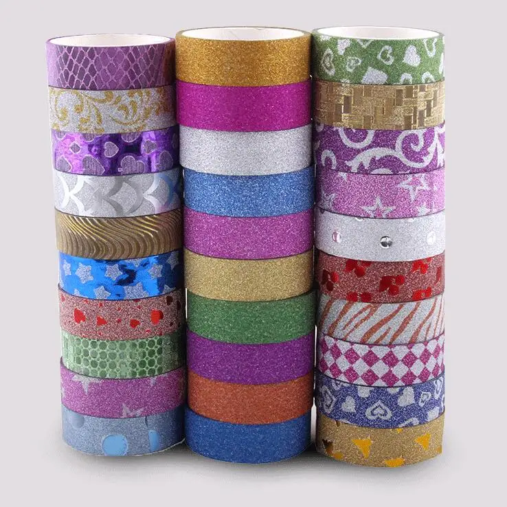 10 Rolls / lot Colorful Printed Glitter Tape , Pure Color Glitter Washi