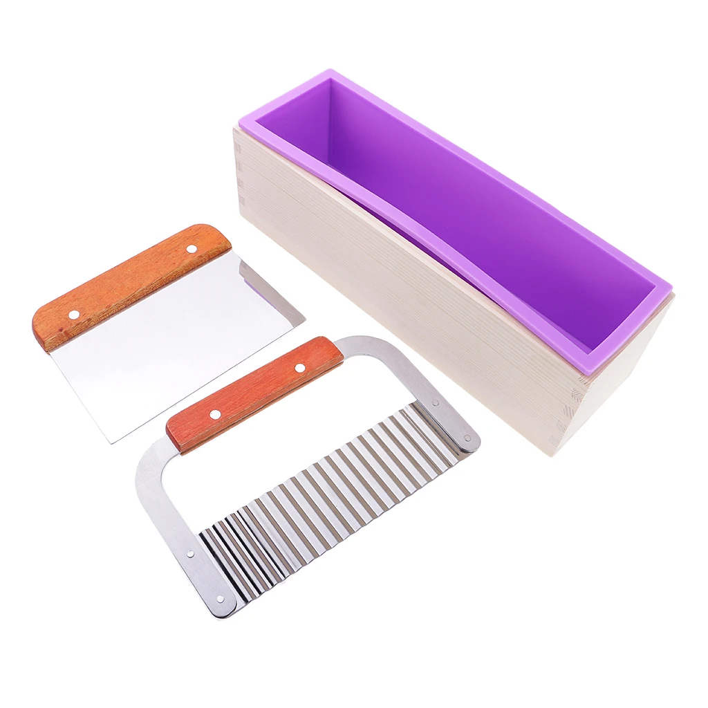 4pcs/set Multifunctional Soap Cutter Planer, Silicone Soap Mold Loaf with Wood Box, Wavy & Straight Stainless Steel Soap Cutter