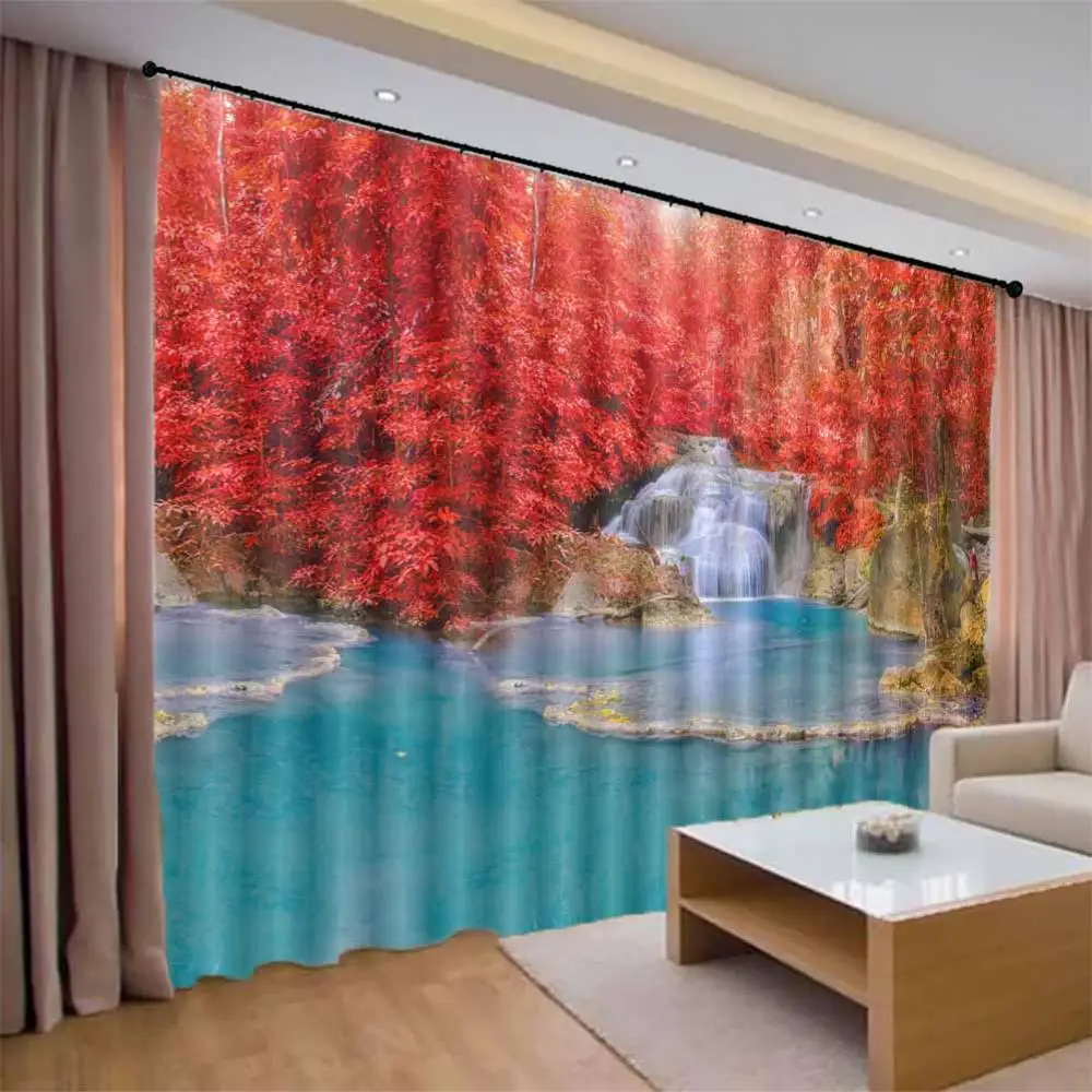 

Beautiful maple forest waterfall 3D Window Curtains Living Room bedroom Drapes Rideaux factory Customized size shower curtain