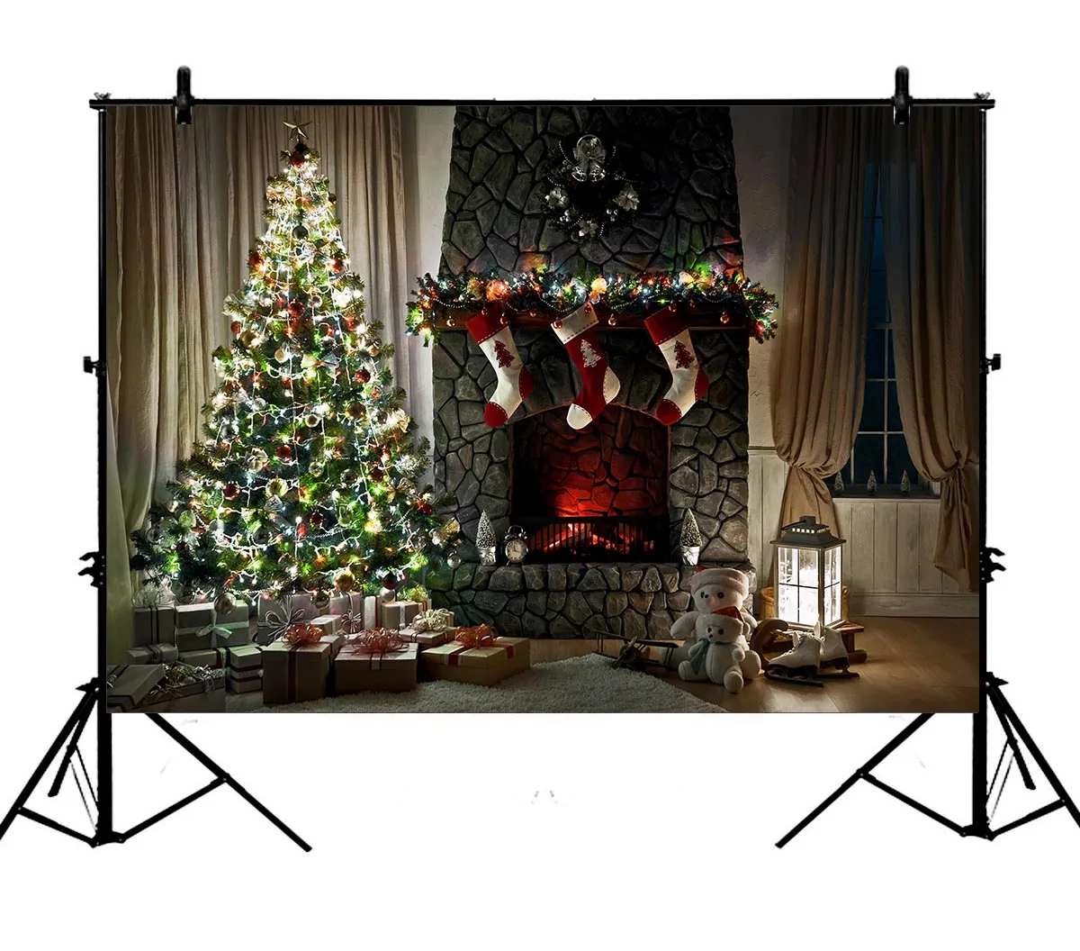 

5x7ft Christmas Tree Decorating Gift Socks Brick Fireplace Polyester Photo Background Portrait Backdrop
