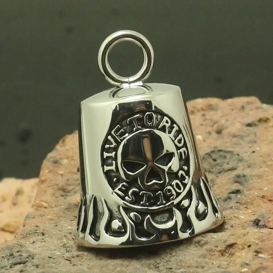 

Men Boy 316L Stainlesss Steel Ghost Rider Flaming Skull 'Live To Ride' 'Ride To Live' Est 1903 Skeleton Bell Two Sides Pendant
