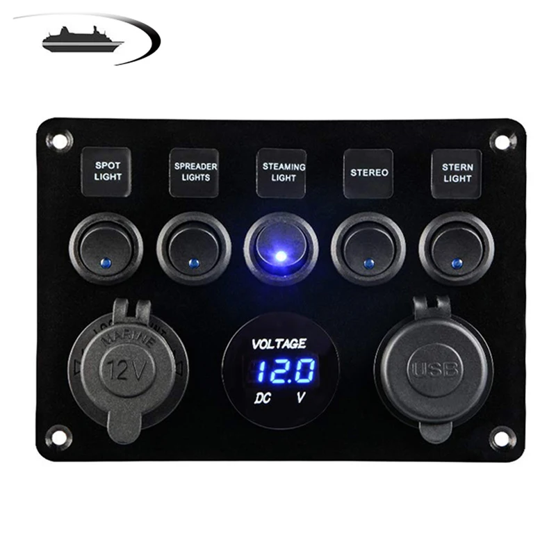

5 Gang Waterproof Marine Boat Switch Panel 12V Dual USB Socket 4.2A Circuit Breaker Toggle Switch Control for Car Boat Marine