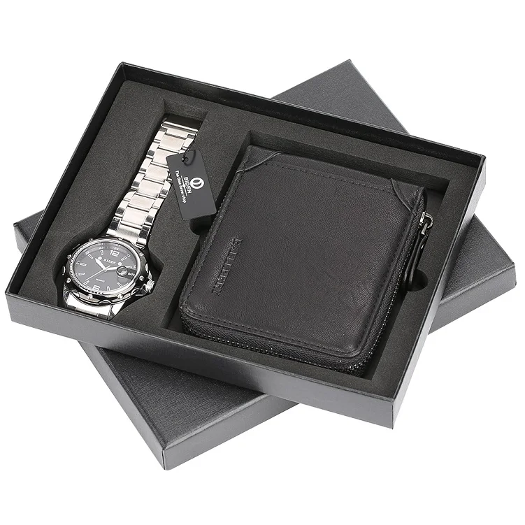 Мужские часы стальной/кожаный ремешок кварцевые наручные часы со складной застежкой кожаный бумажник подарочный набор для бойфренда для папы - Цвет: gift set03