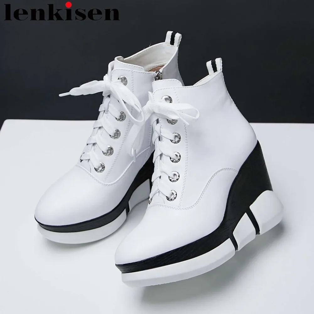 

Lenkisen genuine leather super high bottom waterproof round toe zipper mixed colors handmade european winter ankle boots L52