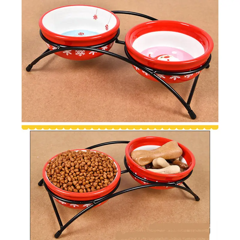 

Double Ceramics Dog Cat Puppy Pet Bowl Fish Paw Santa Print Food Dish Non Slip Food Water Dual-use Feeding Dish Pet Supplies