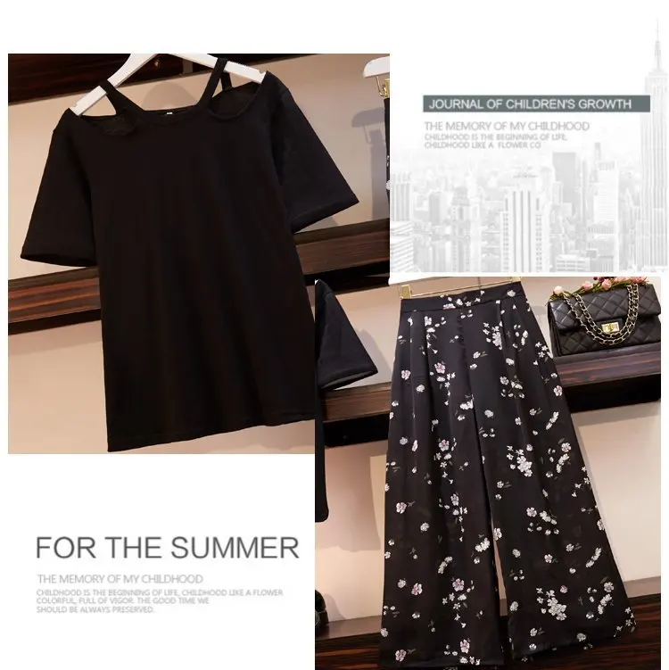 ICHOIX/корейский комплект из 2 предметов, топы и штаны, лето, Женский комплект 2 шт. одежда, черная футболка, Цветочные Широкие штаны, комплект размера плюс