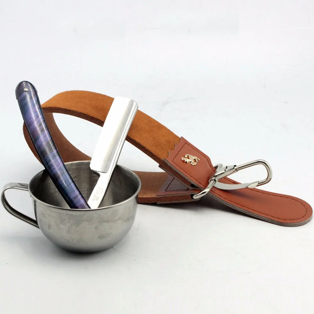 

Gold Dollar Straight Razor 300 Cut Throat Folding Knife Shaving Bowl W/ Shank Genuine Leather Strop Barber