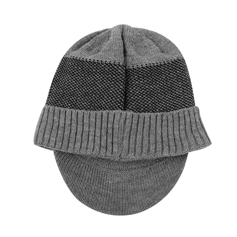 Warm Winter Men Hat Knit Cable Visor Male Beanie Fleece Lining Patchwork Beanie Stripe Newsboy Cap Outdoor Sport Adult Hat  (31)