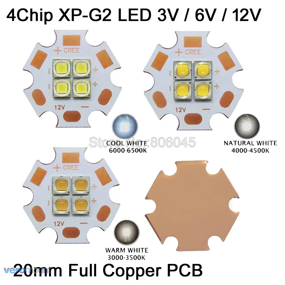 

Cree XPG2 XP-G2 3V 6V 12V 4Chips 4LEDs High Power LED Emitter Cool White / Warm White / Neutral White Colors on 20mm Copper PCB