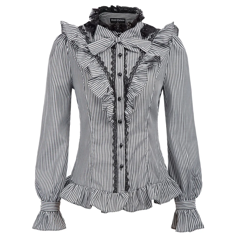 Comprar Primavera otoño mujer camisa vintage retro renacentista Pinstripe manga larga soporte cuello arco nudo camisa con volantes blusa gótica
