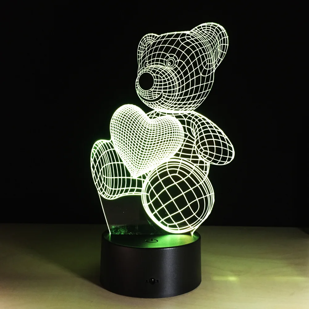  Cartoon Cute Heart Bear Shape Acrylic LED Lamp 3D Baby Night Light Sleeping Lighting 7 Colors with  - 32688875139