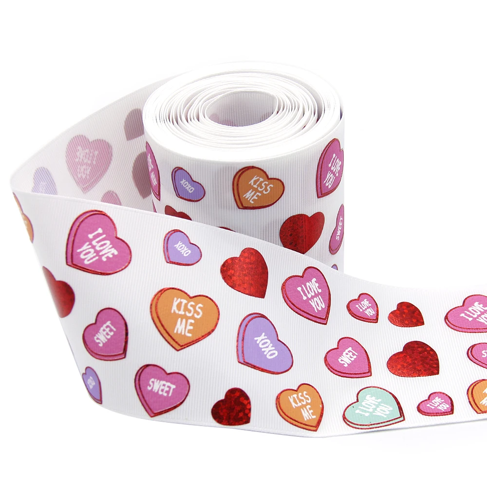 

David accessories 3" 75mm Grossgrain foil laser ribbon heart valentine day polyester ribbon,DIY handmade materials,50Yc5369