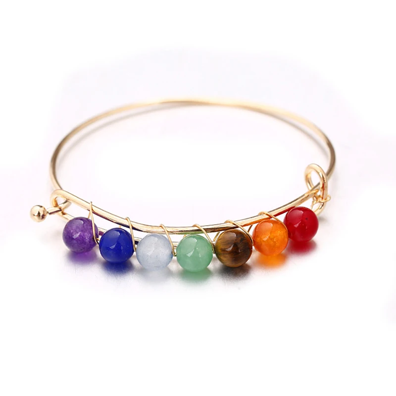 

Fashion Handmade Multi Color Natural Stone Round Beads Adjustable Bohemia Color Stone Bangle For Women Accessories Jewelry Gift