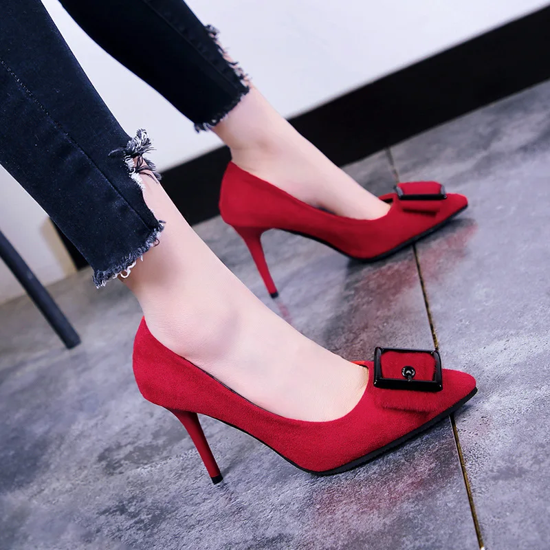 

Women Pumps Shoes Flock 9cm Thin High Heels Pointed Toe Square Buckle Slip-On Shallow Office Sexy Party Lady Club Female Shoes