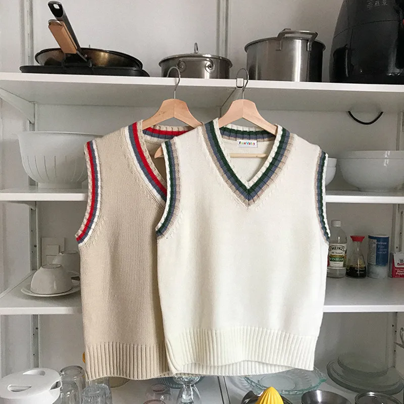 

2 colors 2017 autumn Preppy style color stripe v neck knitted sweater womens vests womens (F1303)