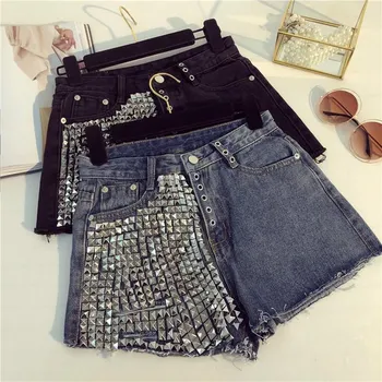 

Tassel with rivet beading denim shorts female high waist rivet beading hand-made hole punk street style hot shorts wq1613
