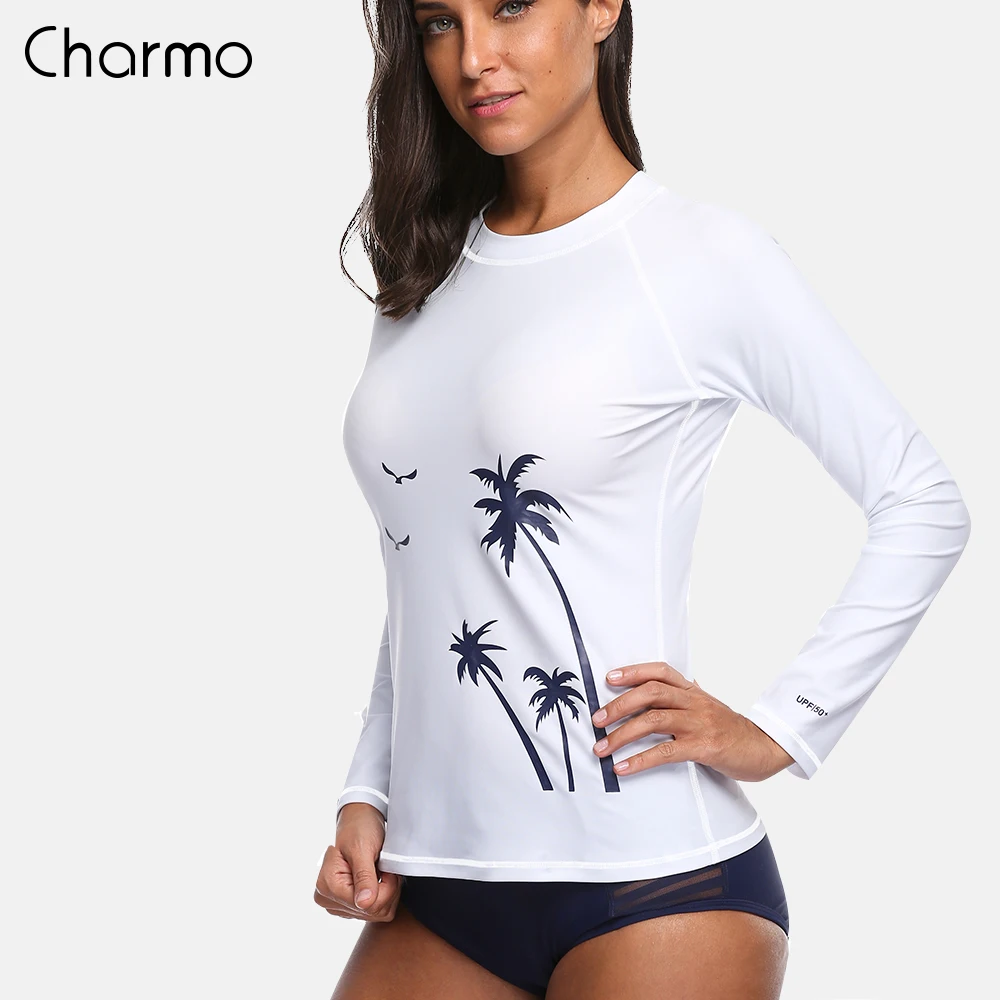 Charmo النساء طويل كم Rashguard قميص ملابس السباحة قمصان UPF50 + جوز الهند شجرة ملابس السباحة فوق البنفسجية حماية طفح الحرس الأعلى تصفح قميص