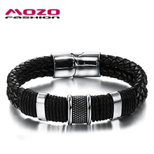 MOZO модный мужской браслет-амулет, черный кожаный браслет из нержавеющей стали, браслеты с магнитными застежками, Мужские Винтажные Ювелирные изделия MPH891