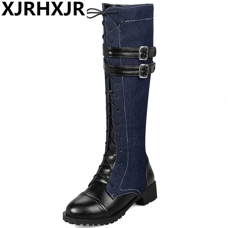 

Fashion Round Toe Women Spring Autumn High Heels Denim and Buckle Strap Knee High Boots Lady 2018 New Lace-up Boots Size 33-46