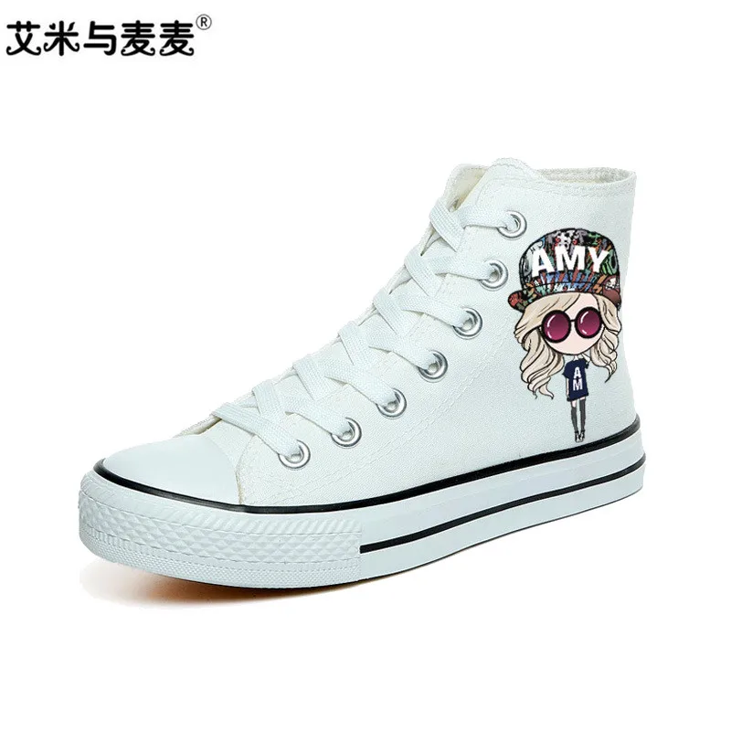 

Fashion Cartoon Hand Painted Shoes Woman 2018 Autumn High Top Canvas Shoes Women White Sneakers Ladies Trainers Flat