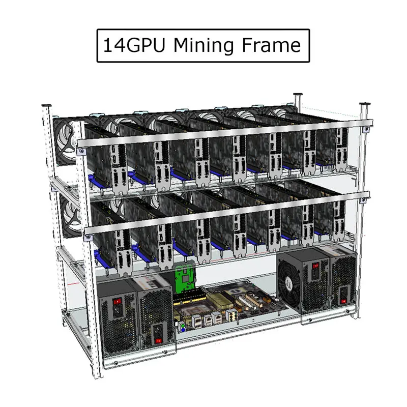 14 GPU горная рама+ 12 светодиодных вентиляторов Открытый Воздушный алюминиевый Штабелируемый чехол для эфириума BTC